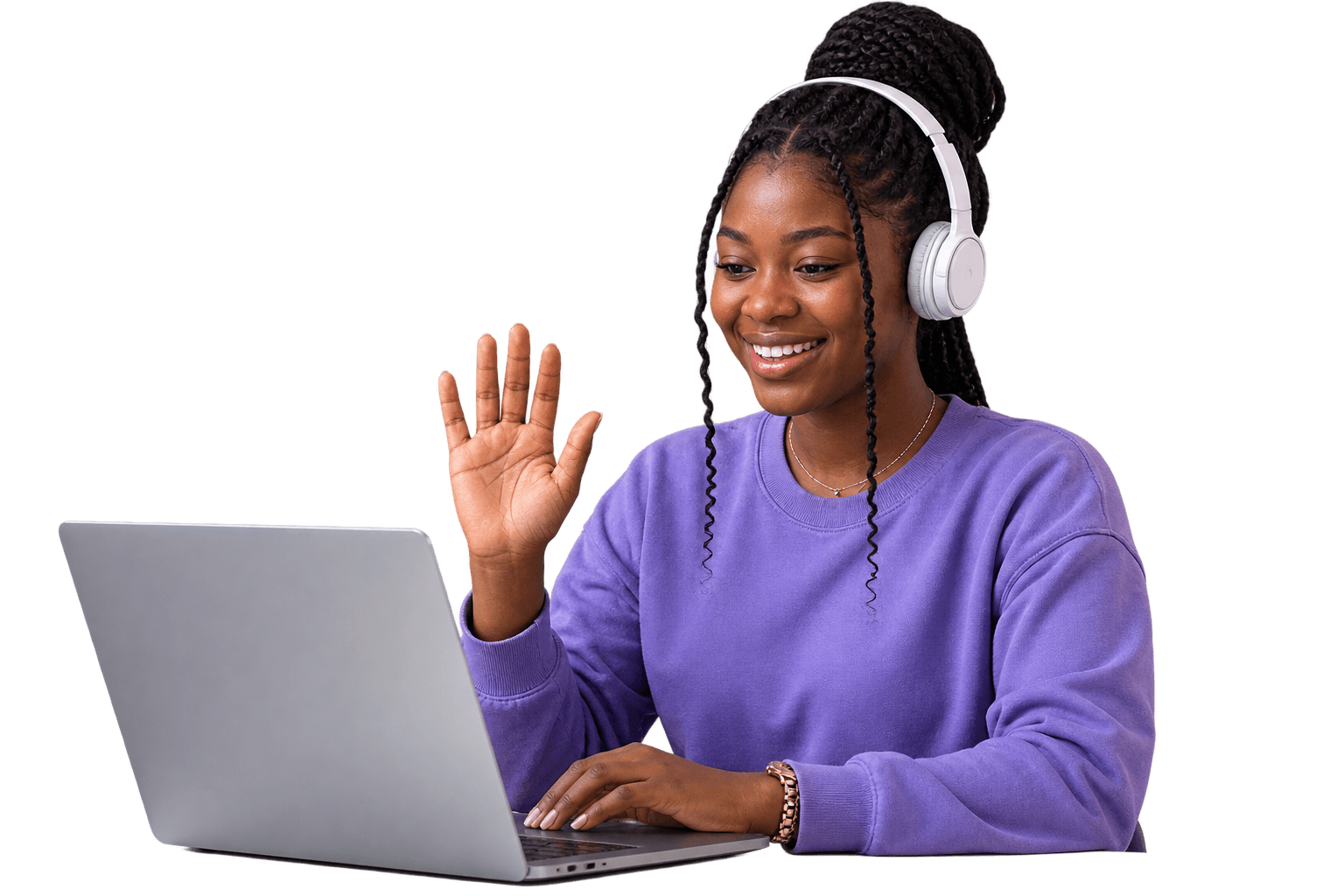 Smiling student on a video call with her tutor